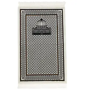 Palestine Velvet Islamic Prayer Rug - Aqsa Black & White