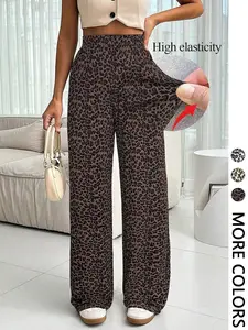 Women's Leopard Print Wide-Leg Trousers, Loose-Fit Elastic Waist, Versatile Casual Wear, Bottom, Perfect for Daily, Parties, Holidays