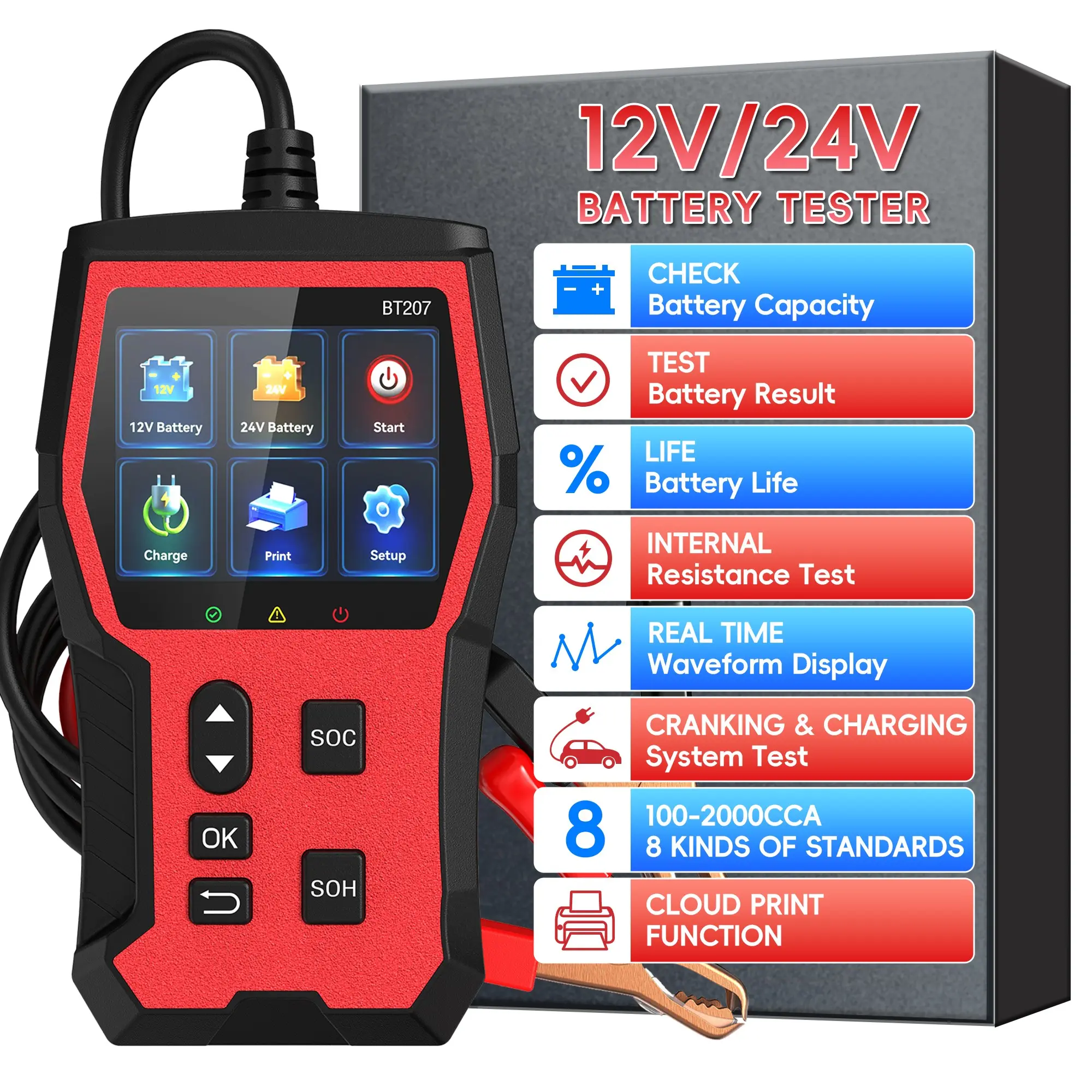 Car Battery Tester 6V/12V/24V, 2–120Ah, 100–2000 CCA, Alternator & Starter/Charging System Analyzer, Automotive Load Test,  for Car Truck Motorcycle Marine/RV Vehicle