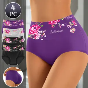QUASTI 4PCS Plus Size High-Waisted Soft Cotton Women's Panties, Skin-Friendly Full Coverage High Elasticity Breathable Underwear, Super Comfortable for Everyday Wear, Seamless Design Briefs, Sizes 0XL-4XL