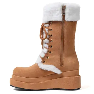 VIMISAOI Platform Mid Calf Booties for Womens Round Toe Lace Up Zipper Cozy Warm chilly day booty Faux Fur Shoes Fuzzy Lined Suede Foam Insole Snow Boots For Women