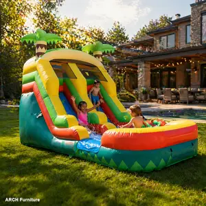 20FT x 10FT Tropical Palm Island Arch Inflatable Water Slides, 2-in-1 Dry/Wet Design, Includes Blower for Outdoor Use