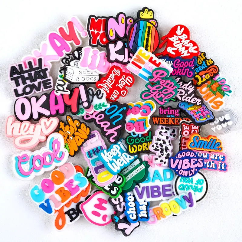45Pcs Retro Positive Quote Shoe Charms, Colorful Graffiti Text PVC Shoe Ornaments, Inspirational Slogan Trendy Shoe Decorations, Waterproof Word Phrase Shoe Accessories for Women Teen Girls Clog Sandals Rubber Wristband Bracelets