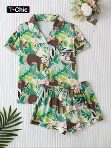 Women's Sleepwear Loungewear Pajama Set, Pjs, Cute Tree Print, Animal & Letter Pattern, Fitted Short Sleeve Top & Loose Shorts, Elegant All-Season Wear