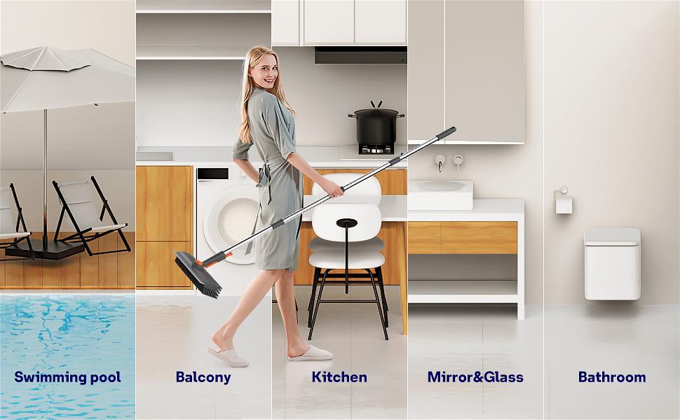 Floor Scrub Brush with Long Handle Length Adjustable, 3 in 1 Heavy-Duty Stiff 90° Bristle Floor Scrubber Broom with Squeegee, Cleaning Brush for Bathroom, Garage, Kitchen, Tile, Deck & Patio (Gray)