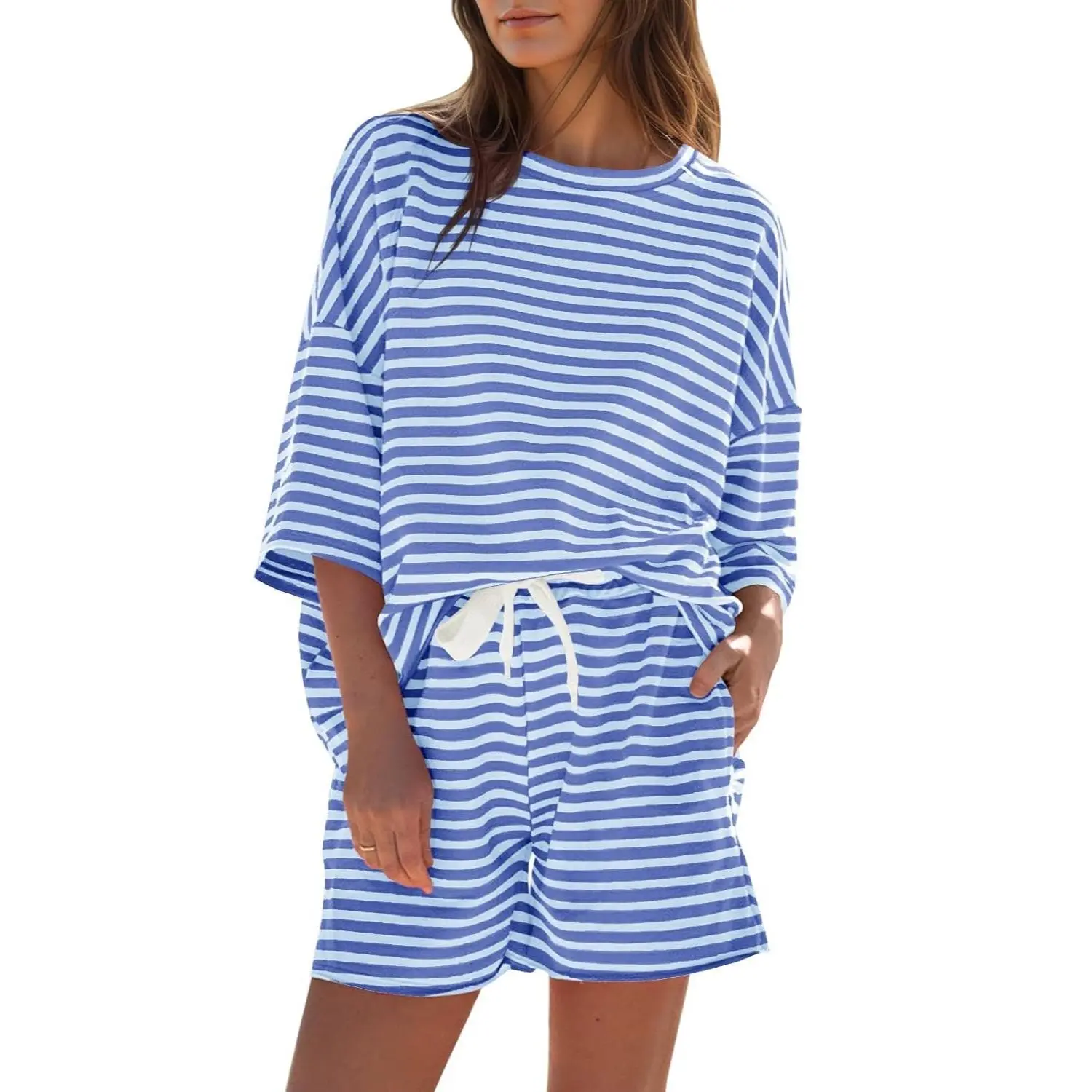 Fisoew Womens Striped Short Sets 2 Piece Outfits Sweatsuits 3/4 Sleeve Pajamas Casual Lounge Sets #summerwins