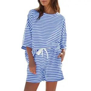 Fisoew Womens Striped Short Sets 2 Piece Outfits Sweatsuits 3/4 Sleeve Pajamas Casual Lounge Sets #TikTokShopHolidayHaul