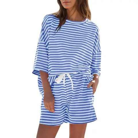 Fisoew Women's 2-Piece Striped 3/4 Sleeve Casual Loungewear Set - Comfy Mix & Match Tops, Summer Sleepwear Outfit