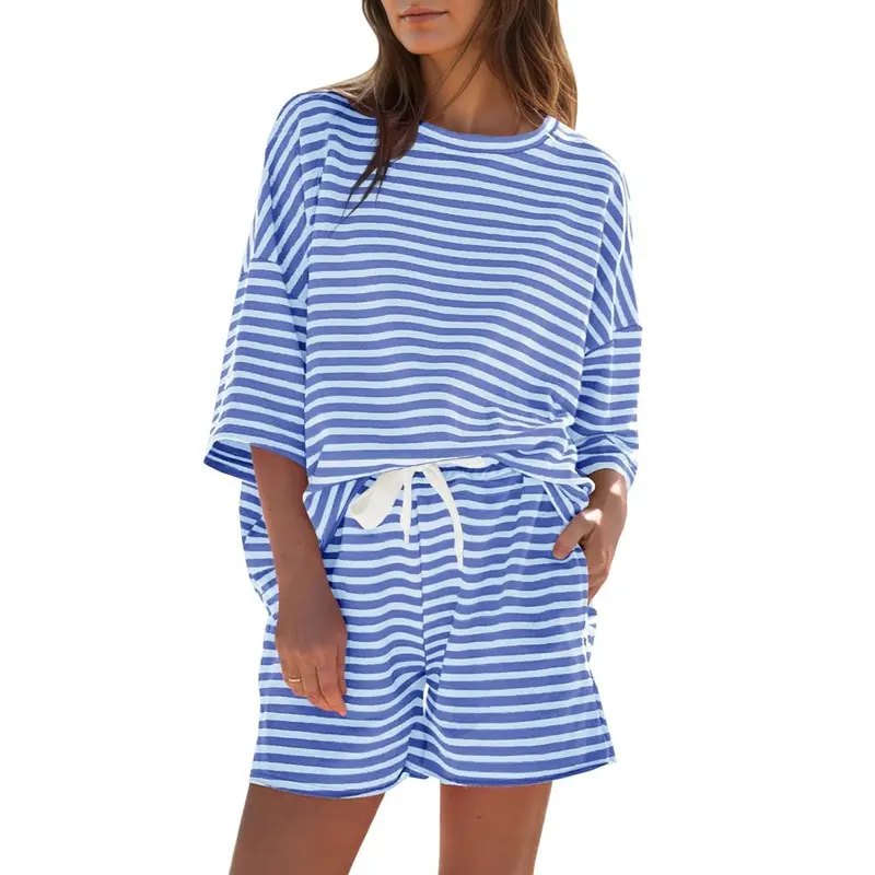 Fisoew Women's 2-Piece Striped 3/4 Sleeve Casual Loungewear Set - Comfy Mix & Match Tops, Summer Sleepwear Outfit