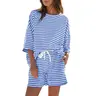 Fisoew Women's 2-Piece Striped 3/4 Sleeve Casual Loungewear Set - Comfy Mix & Match Tops, Summer Sleepwear Outfit
