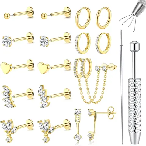 Women's 21-Piece Hypoallergenic Surgical Steel Geometric Body Jewelry Set - 16G/18G/20G Threadless Flat Back Earrings, CZ Studs, Push-In Nose Piercings, Cartilage Hoops for Helix Tragus Conch Labret, Earring Stacking Set for Birthday Christmas