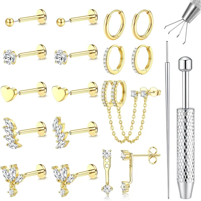 Women's 21-Piece Hypoallergenic Surgical Steel Geometric Body Jewelry Set - 16G/18G/20G Threadless Flat Back Earrings, CZ Studs, Push-In Nose Piercings, Cartilage Hoops for Helix Tragus Conch Labret, Earring Stacking Set for Birthday Christmas