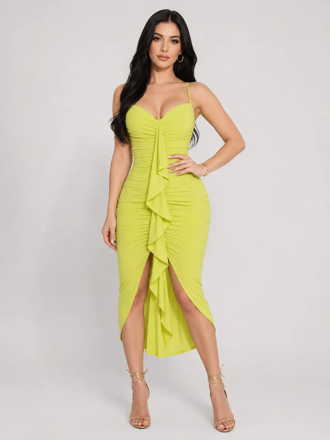 Womens Ruched Midi Dress Adjustable Spaghetti Strap Sleeveless Bodycon Party Date Night Dress