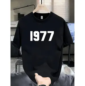 Men's Heavyweight 100% Cotton Vintage 1977 Graphic T-Shirt - Oversized Black & White Retro Print, Round Neck Short Sleeve Casual Summer Tee, Loose Fit for Casual Attire & Holiday Gifts (Father's Day, Valentine's Day) - Machine Was