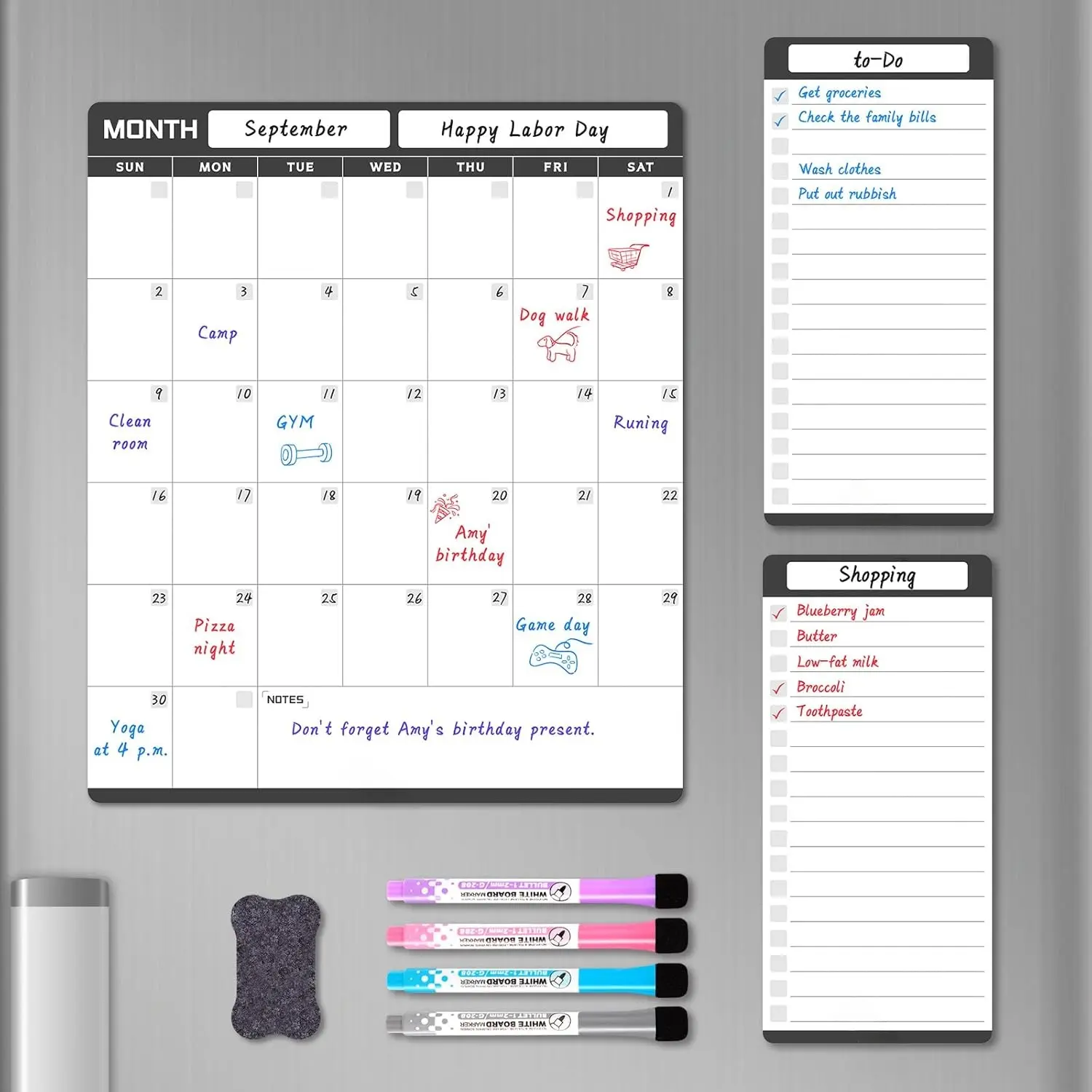 Dry Erase Calendar for Fridge , Refrigerator Calendar Whiteboard Set - Vertical Dry Erase Refrigerator Calendar Planner with 2 List Boards, 4 Markers + Eraser