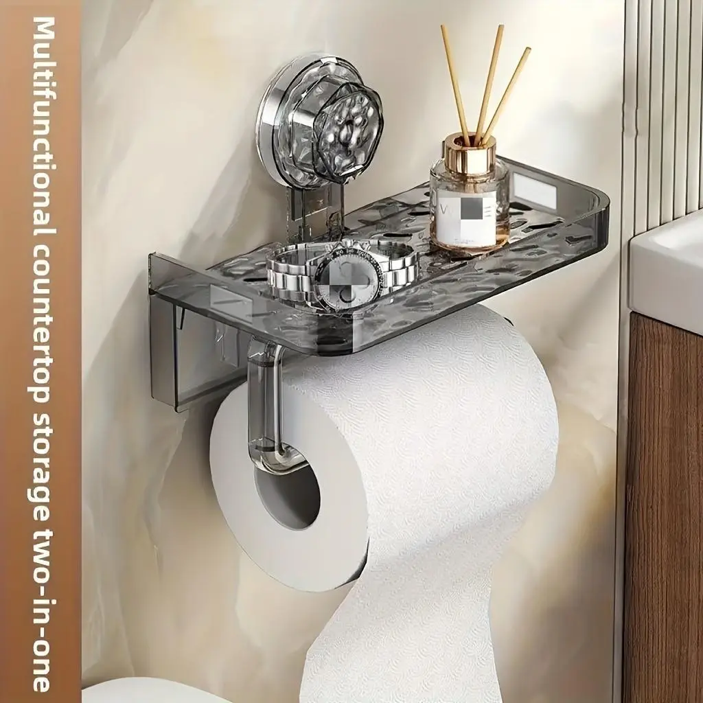 Durable Adhesive Suction Cup Toilet Paper Holder - No-Drill Sturdy Enhanced Version with Phone Stand, Bathroom Home Supply