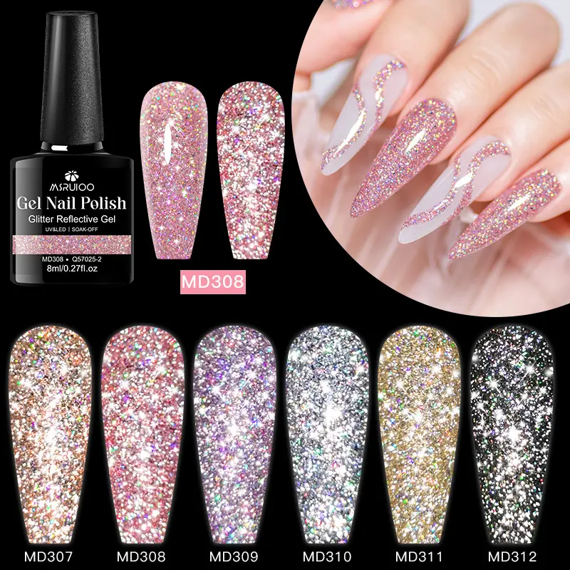 MSRUIOO 8ml Nailcare Glitter Reflective Gel Nail Polish, 6 Colors Sparkling Broken Diamonds Gel Polish, Long-Lasting Semi Permanent Soak Off UV Gel Nail Art For Manicure Nails Salon