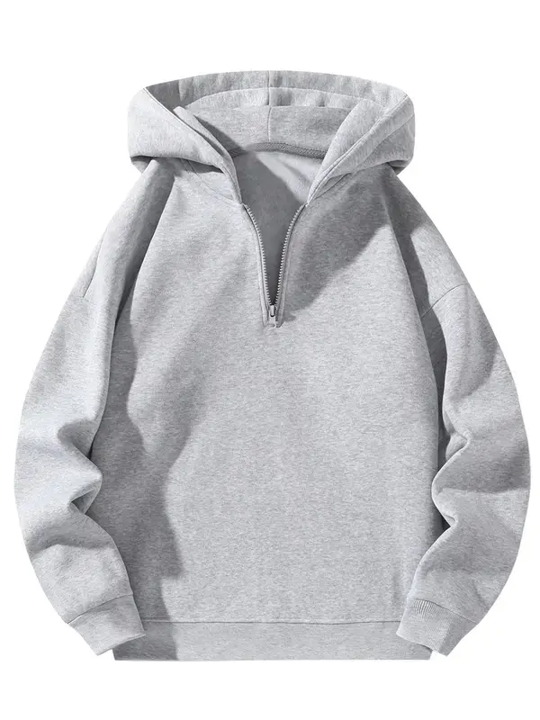 Men's Fashion Casual Solid Color Plain Half Zipper Drop Shoulder Essentials Hoodie Regular Fit Fitted Casual Long Sleeve Hooded Sweatshirt for Fall & Winter Unisex Menswear