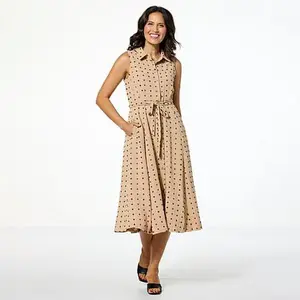 Nina Leonard Swiss Dot Sleeveless Button Front Midi Shirt Dress