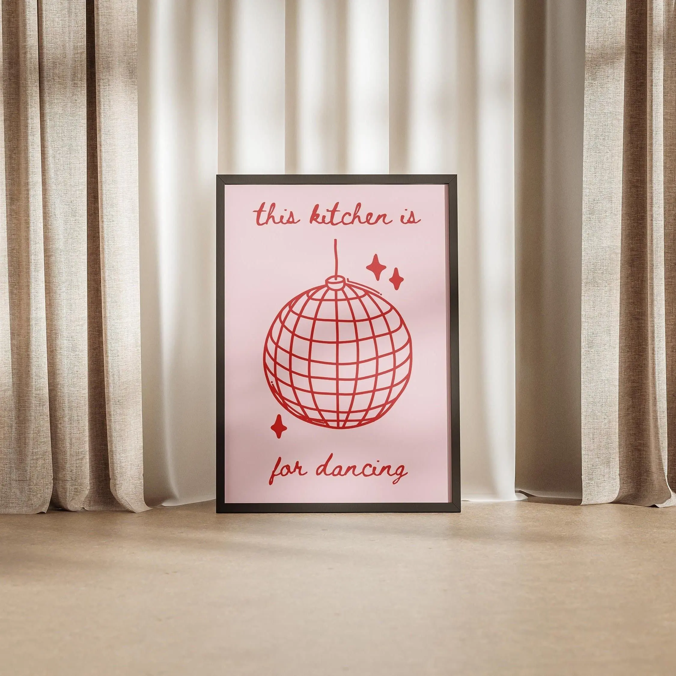 [SALE UP TO 50] This Kitchen Is For Dancing Disco Ball & Stars Doodle Poster, Trendy Art Print, Viral Mid Century Style Illustrated, Food Decor Red Pink