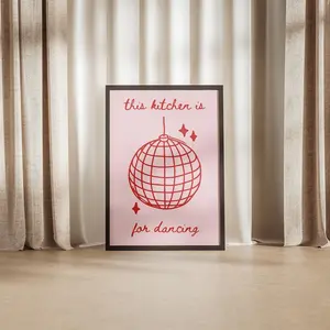 [SALE UP TO 50] This Kitchen Is For Dancing Disco Ball & Stars Doodle Poster, Trendy Art Print, Viral Mid Century Style Illustrated, Food Decor Red Pink