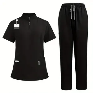 Stand-Collar Zip Work Uniform, Straight-Leg Pants, Polyester, Machine-Woven, Slim Fit, Workwear with Pockets