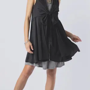 Sleeveless Long Vest - Deep V-Neckline, Full Front Zip Closure, Waist Tie Detail