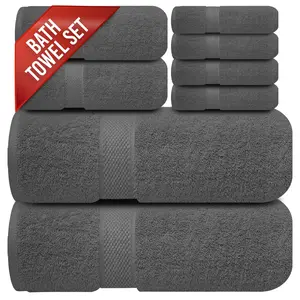 Pack of 8 Premium Towel Set (Grey), 2 Bath, 2 Hand, and 4 Wash Cloths, 600 GSM Ring Spun Cotton, Highly Absorbent Towels for Bathroom, Gym, Hotel, and Spa, Grey