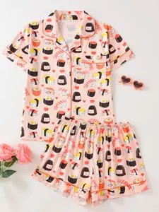Women's Sushi Full Print Pajama Set, Collared Button Short Sleeve Top and Loose Comfortable Shorts, Fun Sweet Sleepwear Set