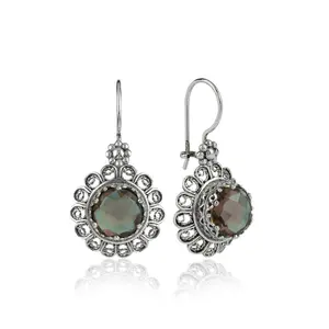 Filigree Art Flower Design Alexandrite Gemstone Women Silver Drop Earrings