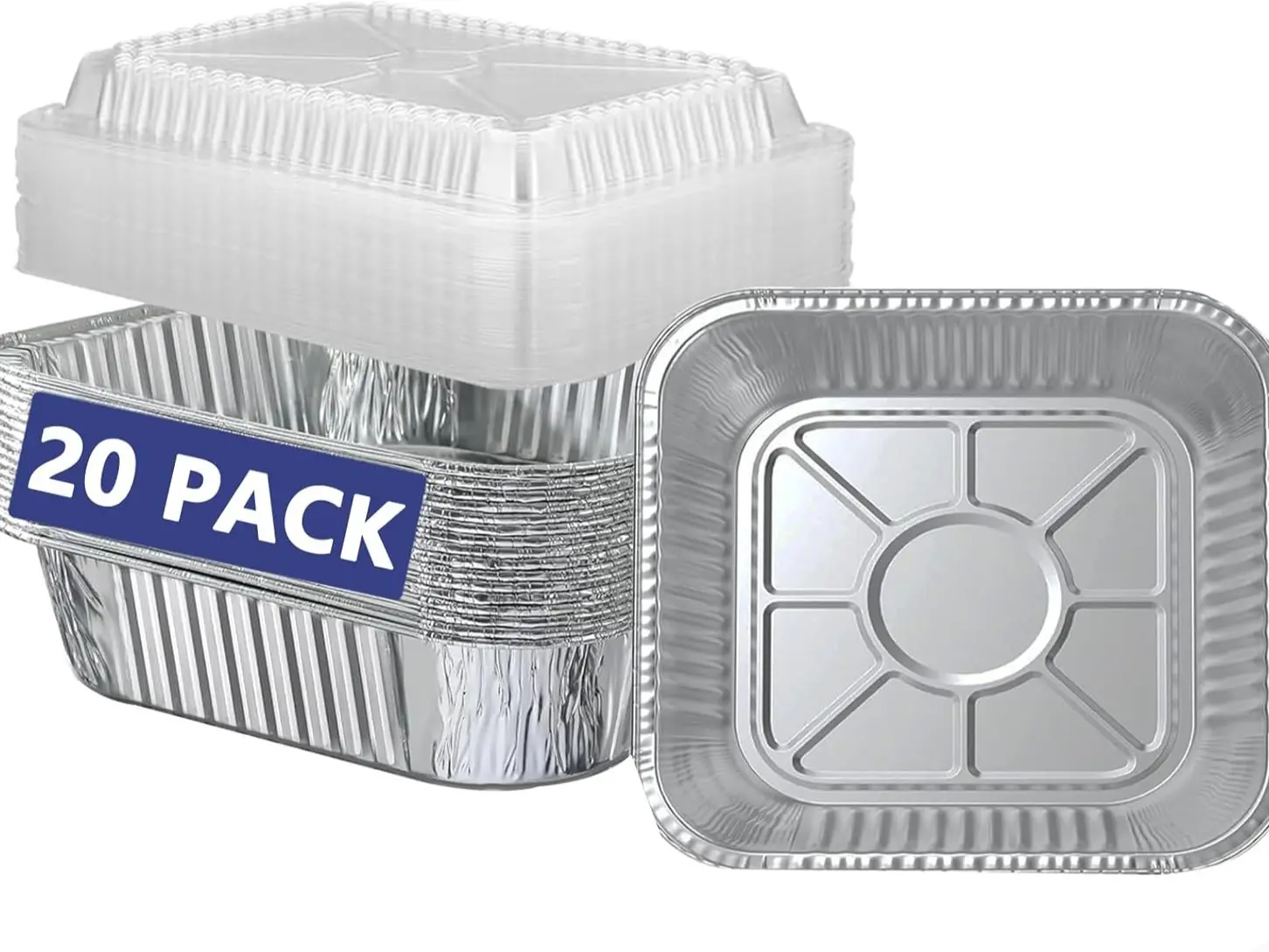(20 Pack) 8x8 Square Shape Aluminum Foil Baking Cake Pans with Clear Plastic Lids, Disposable Kitchen Cookware for Cooking, Storing