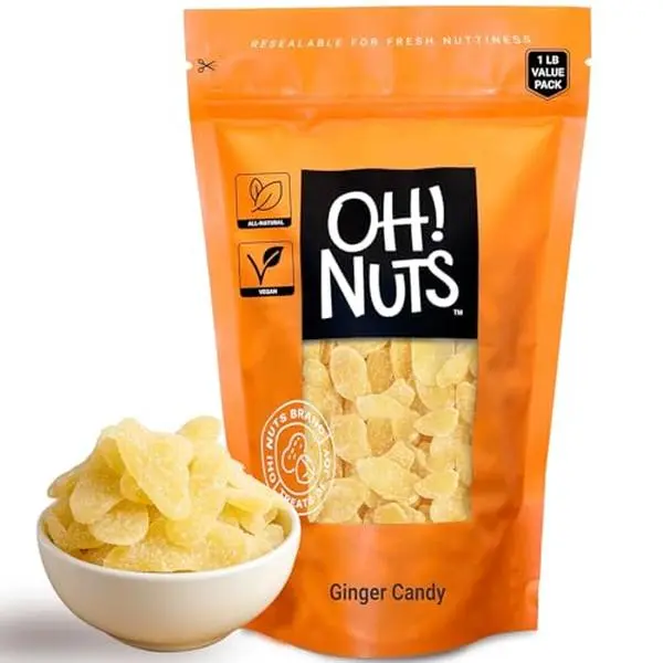 Oh! Nuts Ginger Candy - 1 lb - Dried Fruit Slices - with Crystallized Sugar Candied Coating - Dehydrated Fruit Bites - Packed in New York Zip-Seal Bag for Exceptional Freshness