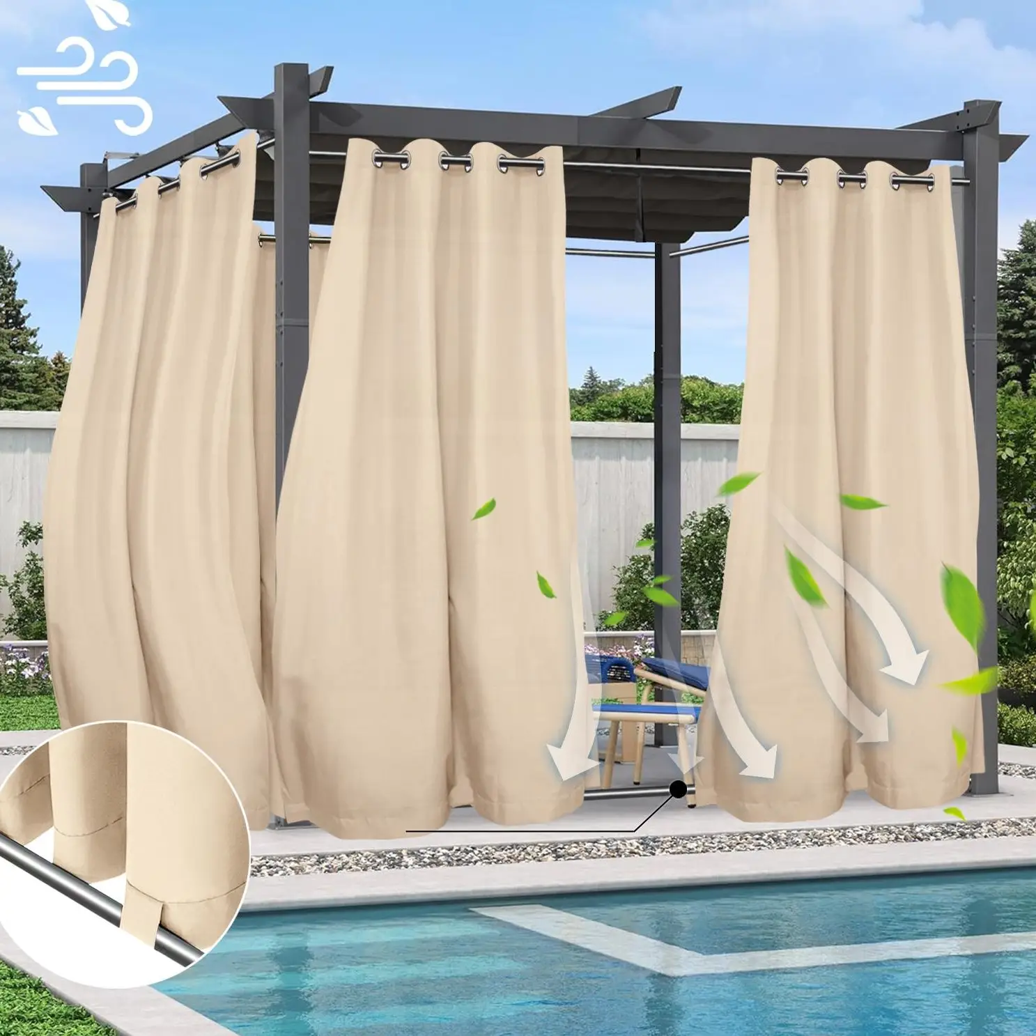 Easy-Going Outdoor Curtains Waterproof Windproof Weatherproof Curtain for Patio, Cabana, Porch, Pergola and Gazebo, Grommet Top and Tab Bottom Drape