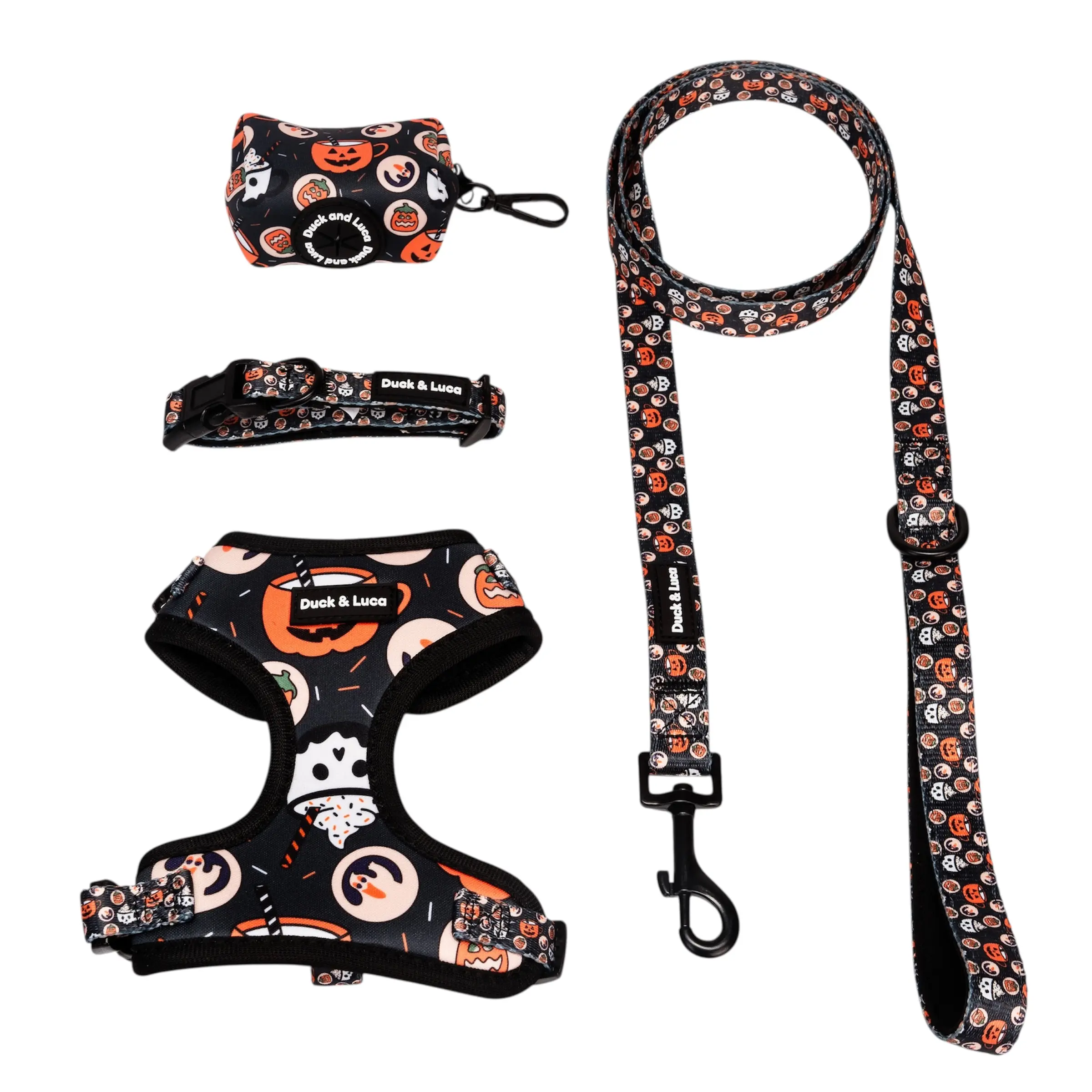 Duck & Luca 4-Piece Pet Bundle - Retro Retro Halloween Design for Dogs - Includes Harness, Leash, Collar, and Poop Bag