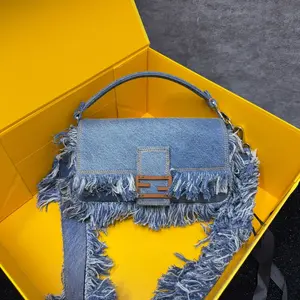 Pre-owned FENDI Denim Shoulder Bags Baguette Medium Flap Top Handle Blue CPU0211