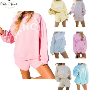 Women's Sweat Set Loose Fit Casual Stylish Letter Embroidered Long Sleeve Sweatshirt and Wide Leg Shorts 2 Pcs Set