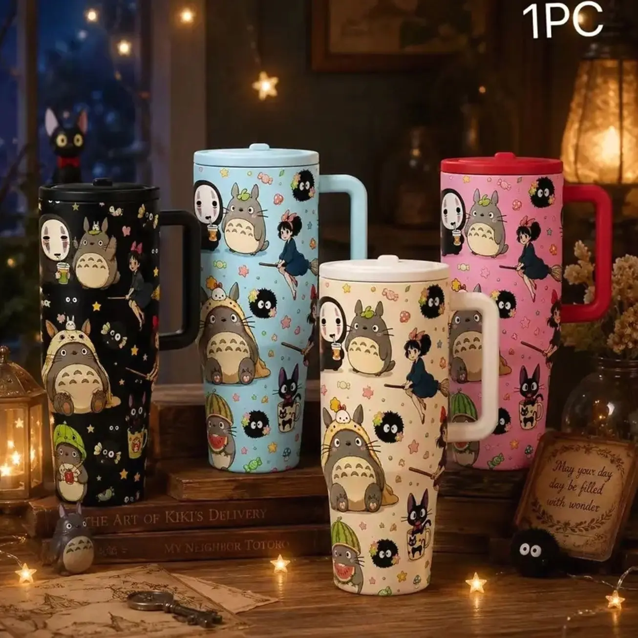 Ghibli Anime Collage 40oz Insulated Drink Tumbler With Handle Lid Straw, My Neighbor Totoro Kiki's Delivery Service No-Face Soot Sprite Print Insulated Stainless Steel Travel Cup, Leakproof Coffee Mug Gift For Anime Fans Car Office Daily Use
