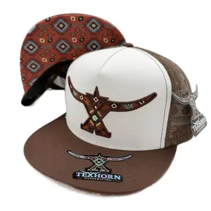 TEXHORN Handcrafted Cap Style Palau White Cap with Brown Brim and Mesh Aztec Under Brim Featuring TEXHORN  Design