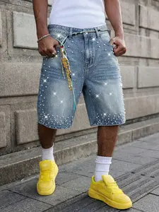 Men's Casual Loose Fit Wide Leg Denim Shorts Pocket, All Seasons Street Style, Plain Color, Versatile Straight Leg Jeans, Fashionable Daily Wear