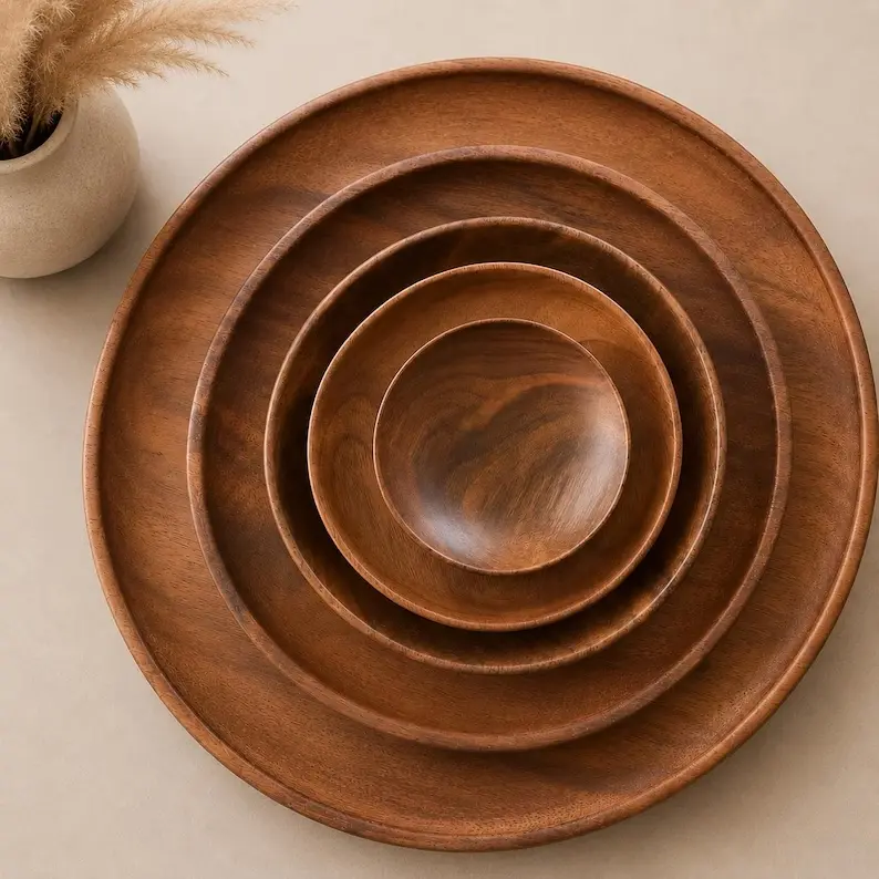 Walnut Wood Serving Plates | Wooden Trays | Rustic Stackable Kitchen Decor | Set of 5 ( 10",8",6",5",3")