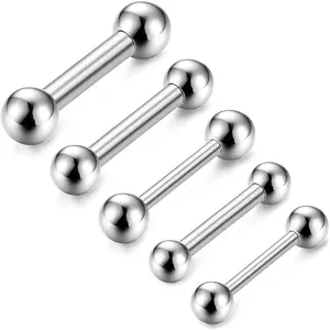 MILACOLATO 5Pcs Stainless Steel Body Piercing Set Tongue Ring Internally Threaded Straight for Men Women 6-14G Daily