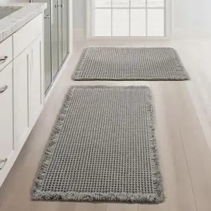 Set of 2 Waffle Bathroom Rugs Super Absorbent Boho Bath Mats Non-Slip Shower Mats for Bathroom Floor and Tub Ultra Soft Waffle Weave Runner Mat Quick Dry Light Grey 17x24+18x30 Inch