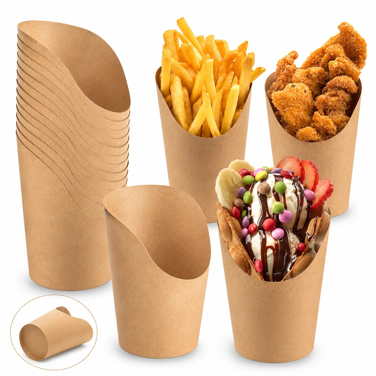 Charcuterie Cups - 150 Pcs 14oz Solid Kraft Disposable Oilproof Cups, Oblique-Opening Snack Cones, Grease-Resistant Safe Odorless Food Packaging for Parties, 8.5cm Exquisite Practical Holders, Kraft Paper, 8.5 Cm
