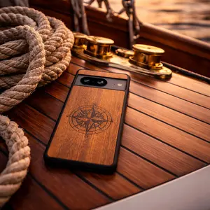 Compass Mahogany Wood Phone Case Handmade & Hand-oiled Unique Natural Finish Water-resistant Scratch-resistant Ultra-Slim Lightweight Durable Drop Tested Full Encasing with Screen Lip - Smartphone, Cellphone