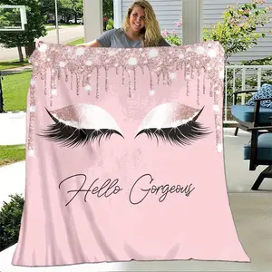 Anime Beauty-themed Eyelash Flannel Blanket Ultra-soft Warm Pink White Mascara-style Stripe Design for Beds Sofas Camping  blush home comfort Coquette charlotte princess bedroom Micro Fleece Air Conditioning Gift Funny Face blanket birthday celebration