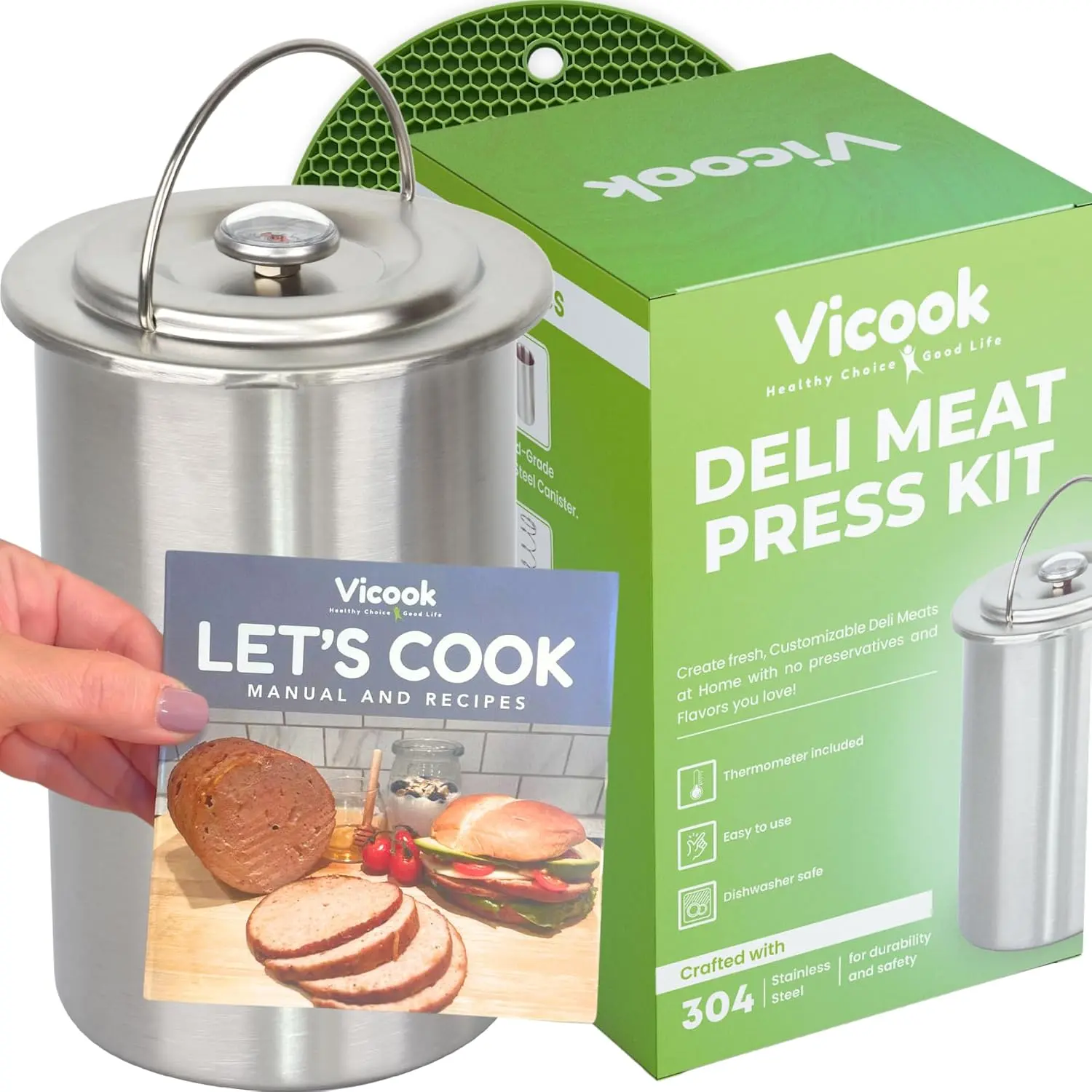 VICOOK Deli Meat Press Kit - Stainless Steel Lunch Meat Press Mold for Deli Meats, with Thermometer, Trivet, Manual & Recipes  All in one Box. Meat Press for Cooking Healthy Choices, Ham Maker