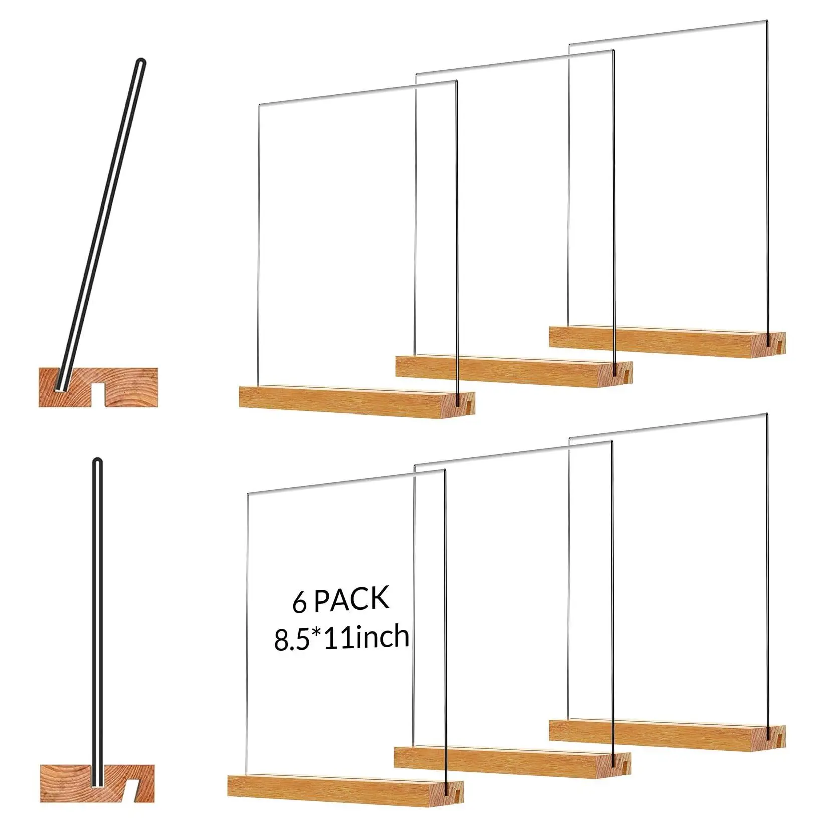 GARVEE 8.5x11 In Acrylic Sign Holder with Wood Base, Vertical or Slant Back Display (6 Pack)
