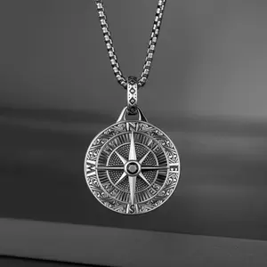 Men's stainless steel compass pendant necklace, hip-hop fashion medallion necklace, gift for men
