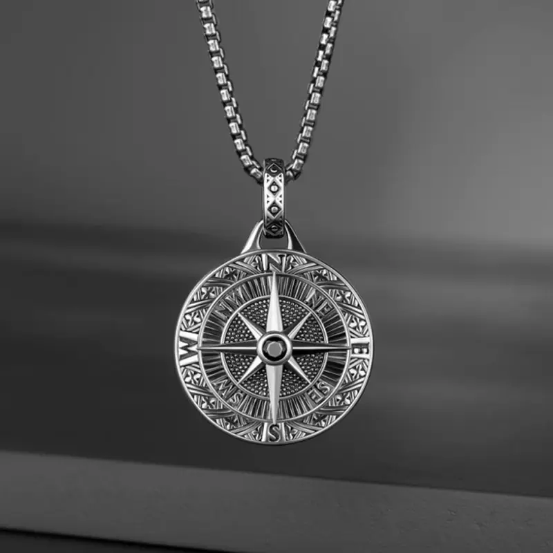 Men's stainless steel compass pendant necklace, hip-hop fashion medallion necklace, gift for men