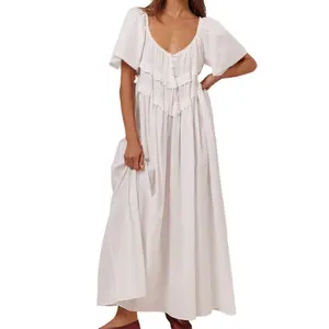 Women Long Dress, Elegant Short Sleeve Low-cut Backless Solid/Plaid Loose Swing Dress